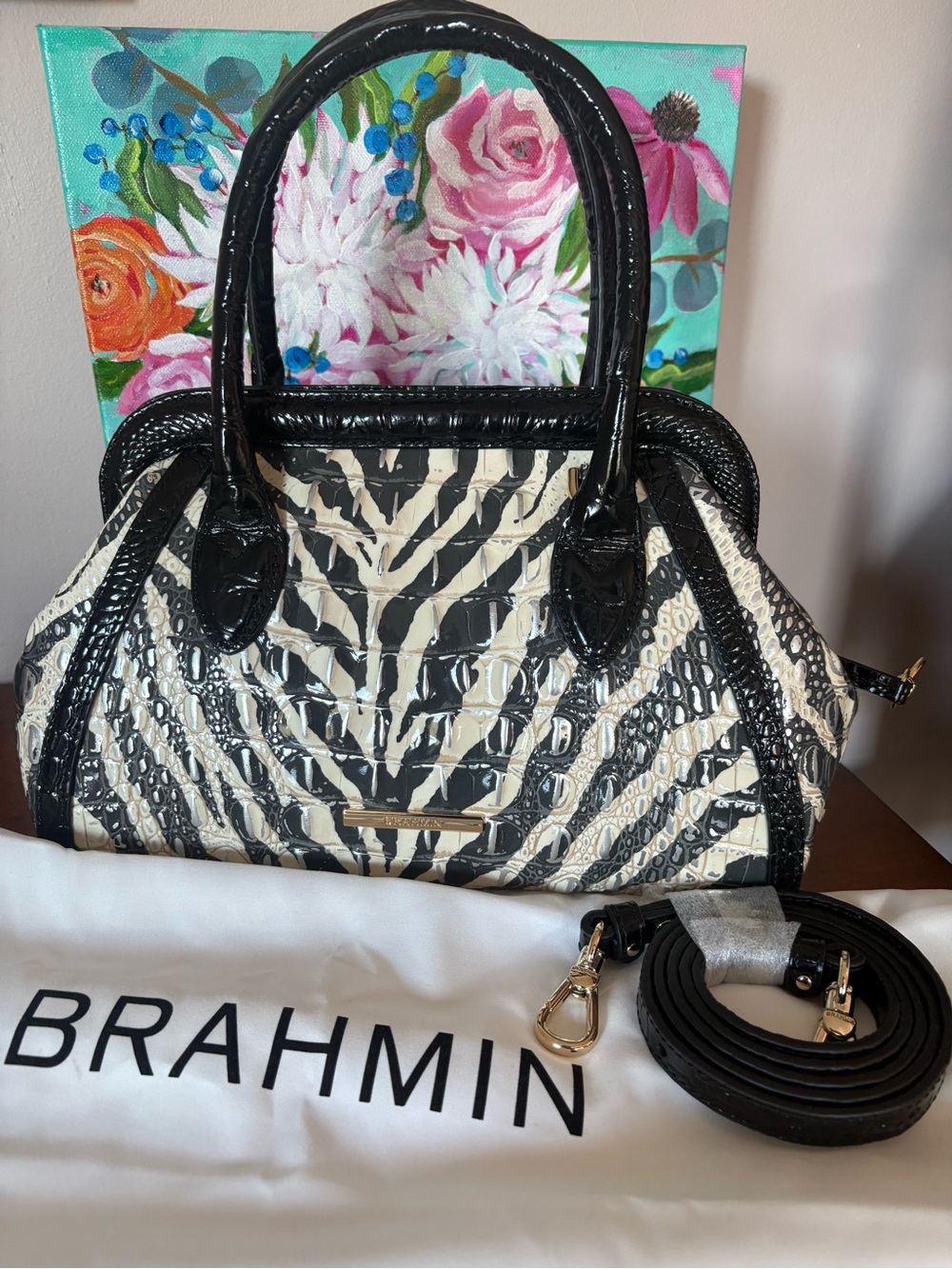 Brahmin Black & Cream Zebra-Print Croc-Embossed Satchel - Picture 2 of 4
